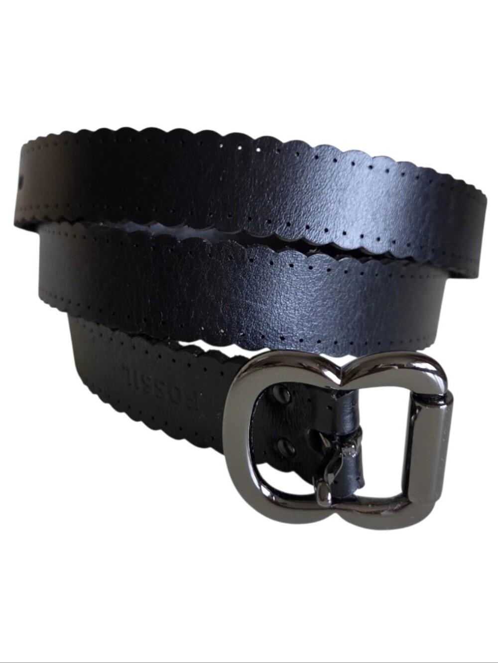 fossil womens black leather laser cut scalloped edge skinny belt sz L BT4028001